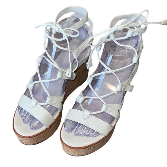 Frye Womens Heather Lace Up Tassel Cork Wedge Gladiator Sandals White Tan Size 6 - Picture 1 of 11
